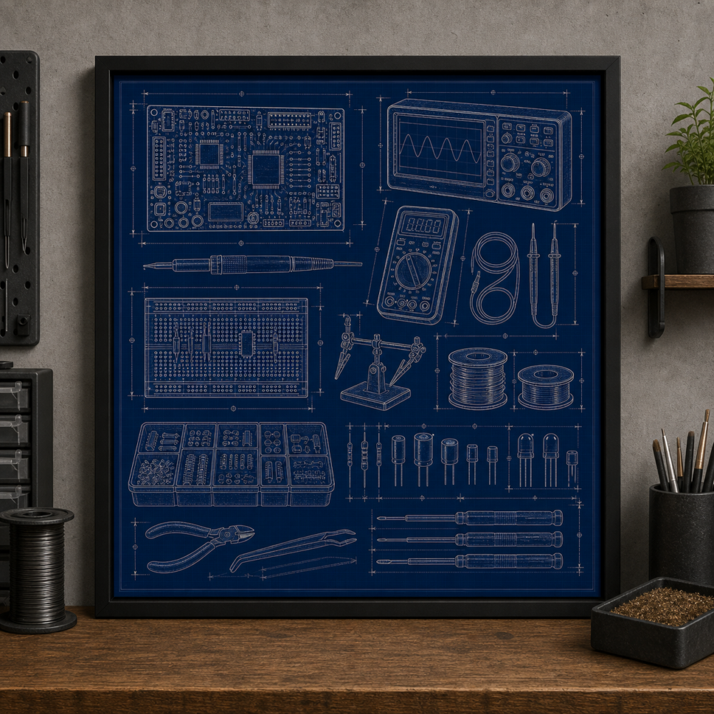 Electronics Bench Blueprint Framed Print product image