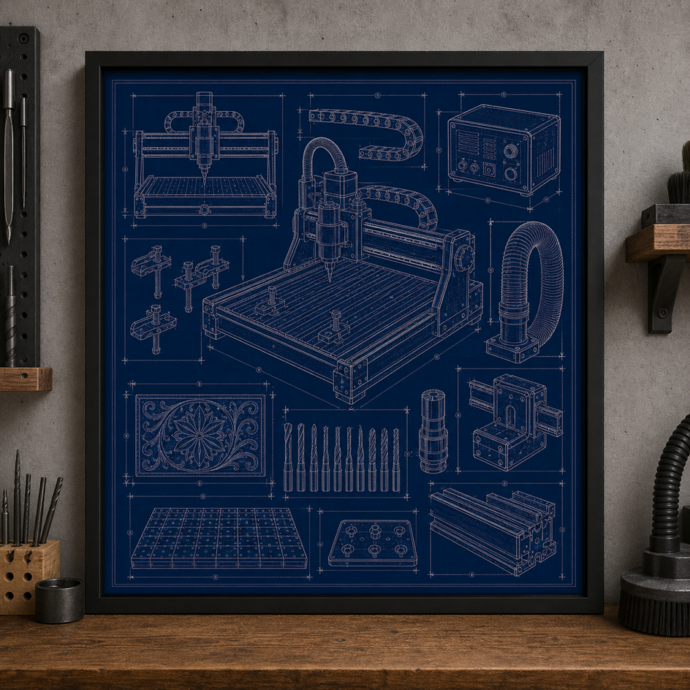 CNC Router Workshop Blueprint Framed Print product image