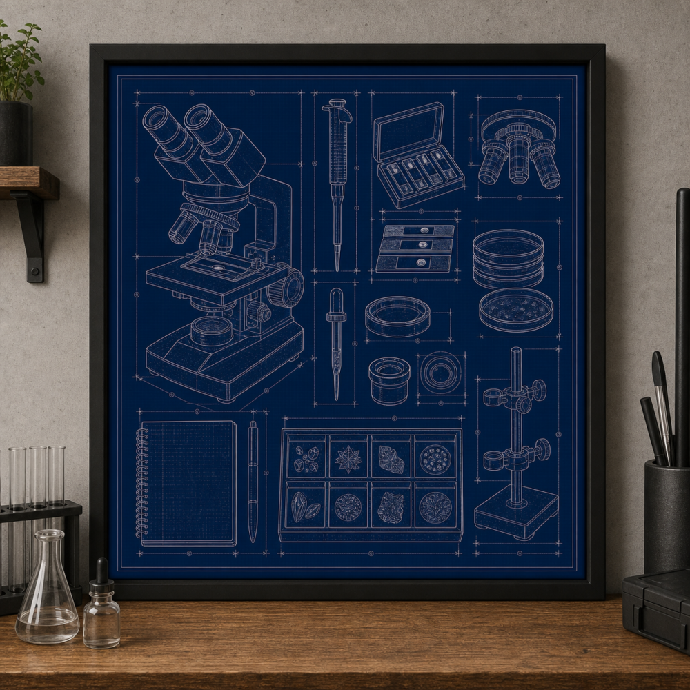Microscope Lab Bench Blueprint Framed Print product image