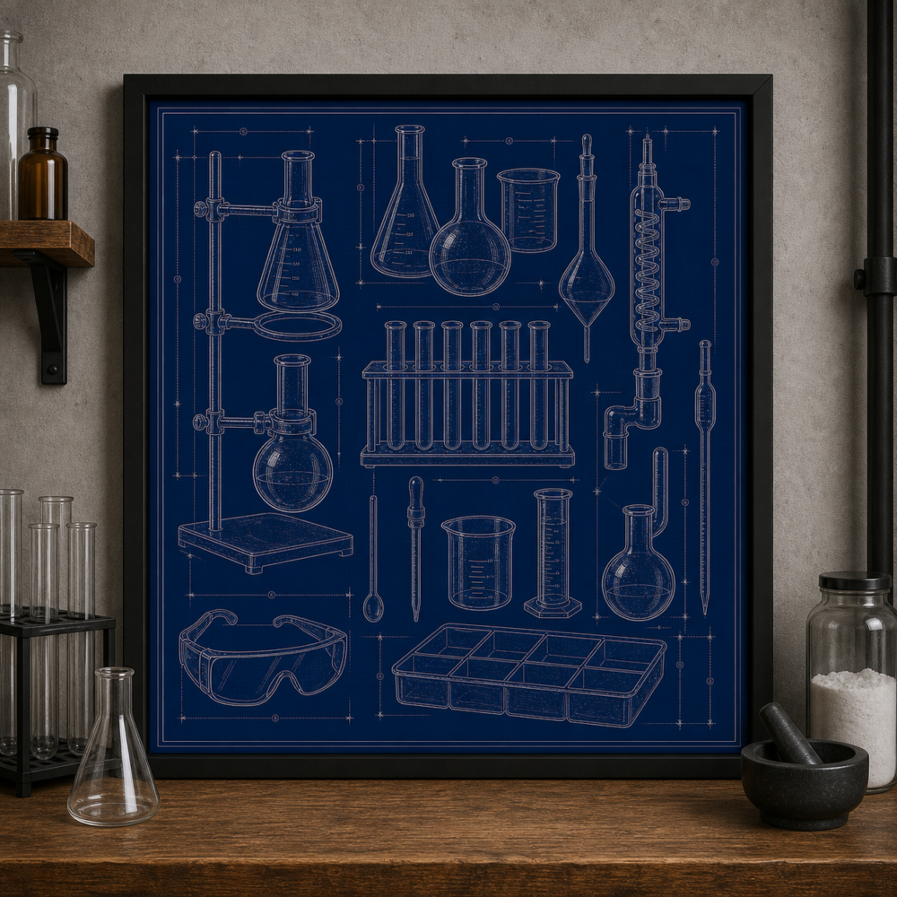 Chemistry Glassware Blueprint Framed Print product image