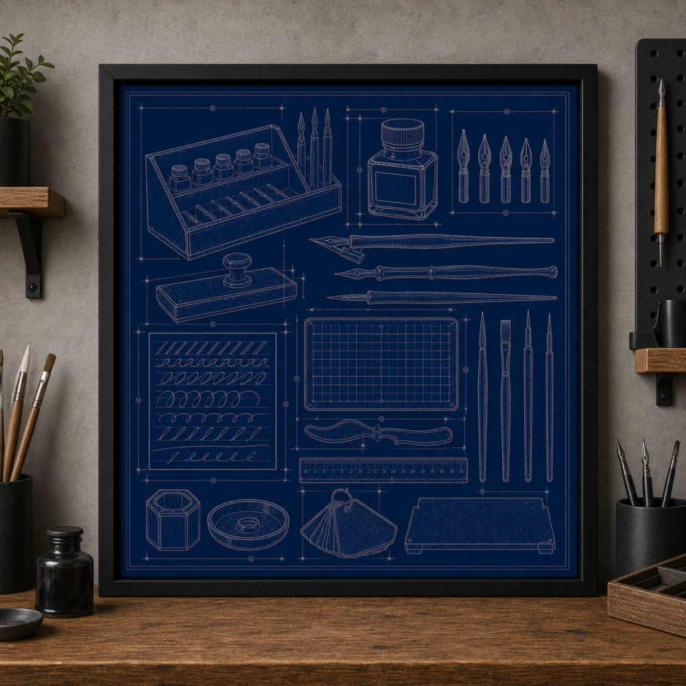 Calligraphy Desk Blueprint Framed Print product image