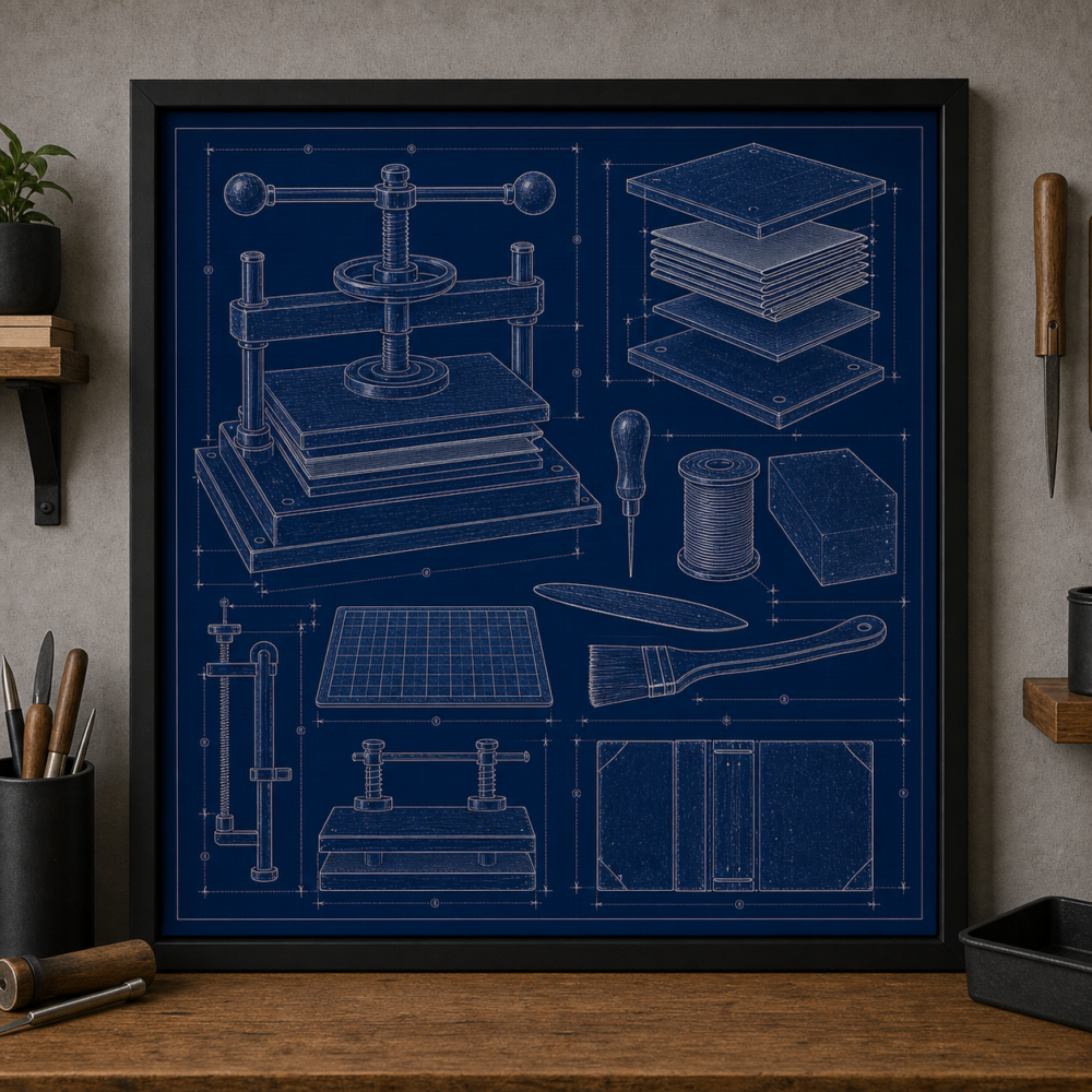 Bookbinding Press Blueprint Framed Print product image