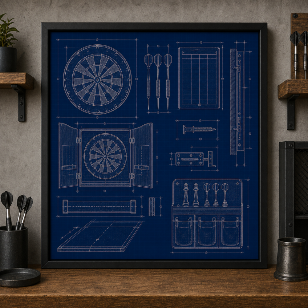 Dartboard Garage Blueprint Framed Print product image
